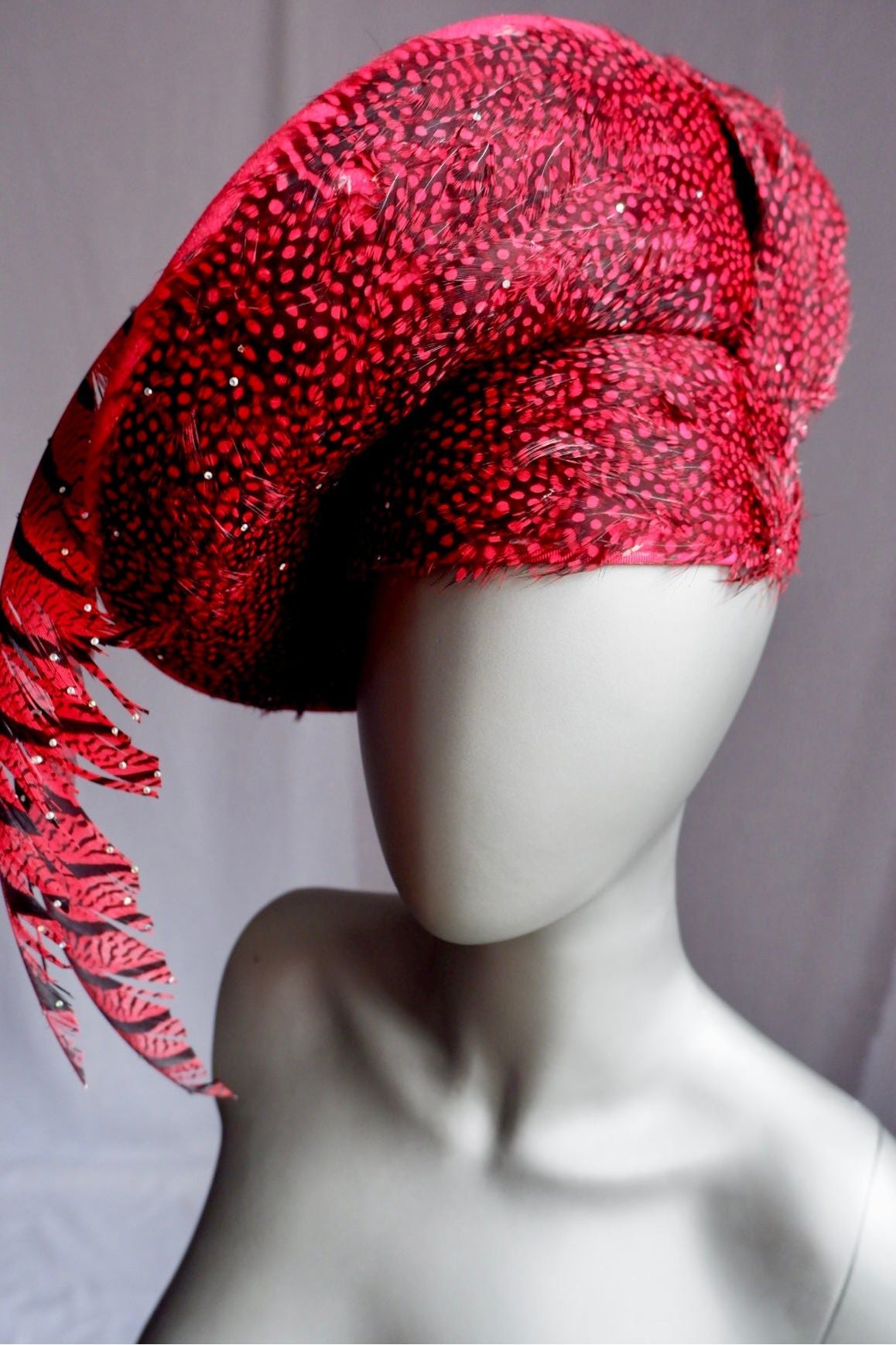 Vintage Jack McConnell Red Feather Hat – Sculptural Couture with Spotted Plumage and Rhinestone Trim
