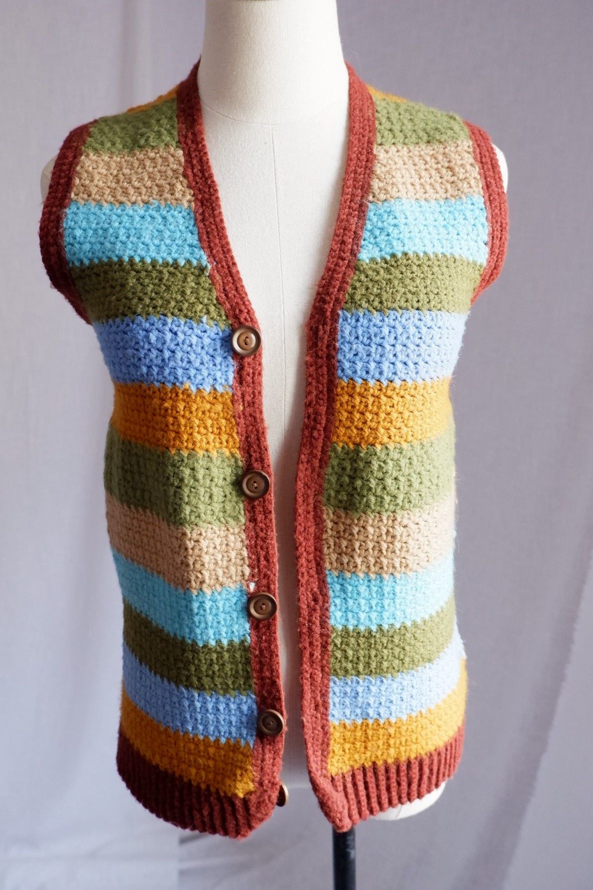 1970s Vintage Hand-Crocheted Striped Vest – Earthy Tones with a Bold Pop S/M