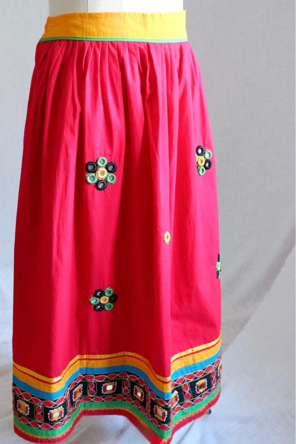 1970s Vintage Handmade Red Skirt with Mirror Accents – Banjara-Inspired Embroidery S