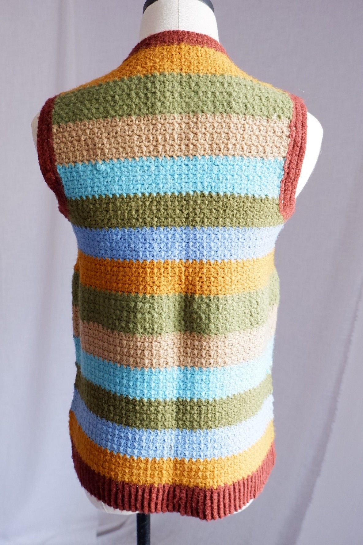 1970s Vintage Hand-Crocheted Striped Vest – Earthy Tones with a Bold Pop S/M