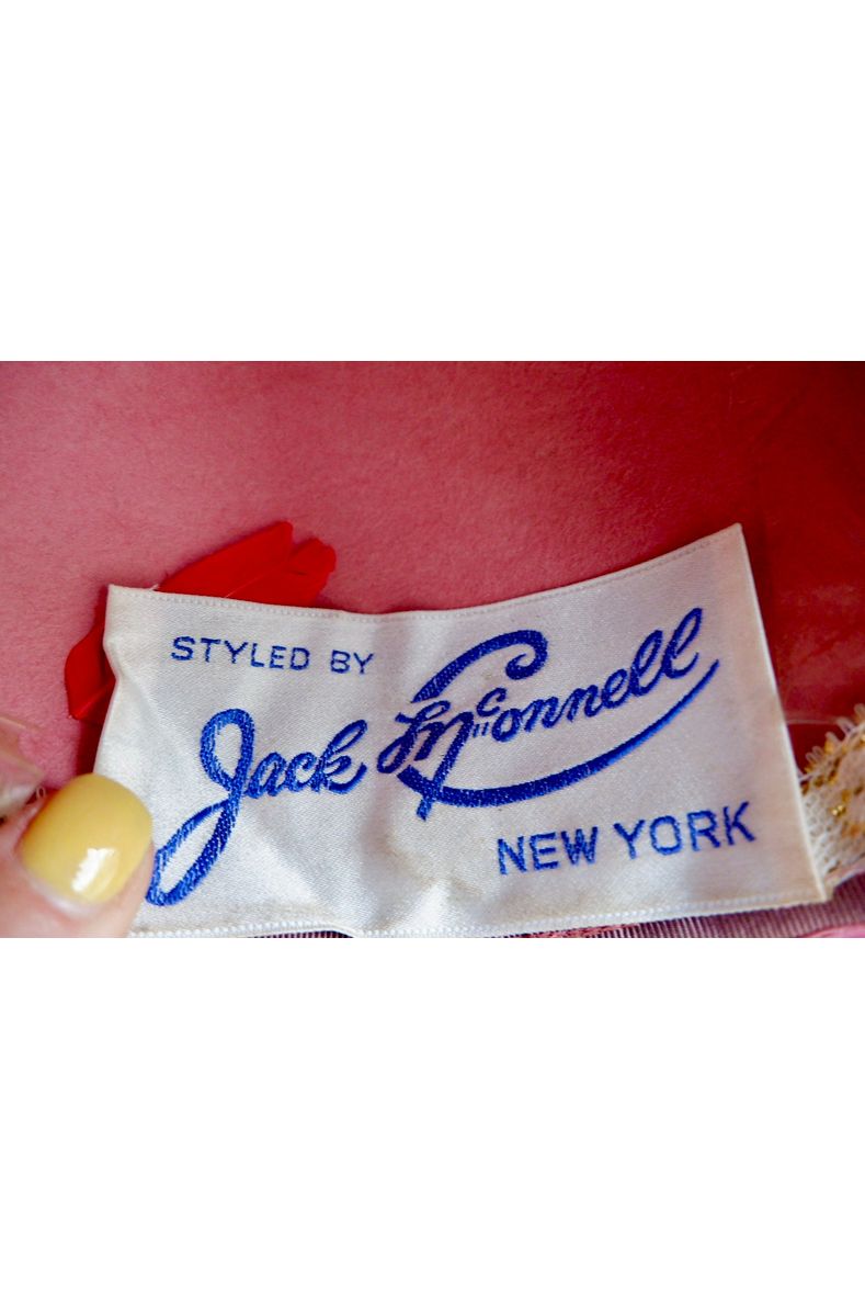 Vintage Jack McConnell Red Feather Hat – Sculpted Pink Feathered Halo with Beaded Accents