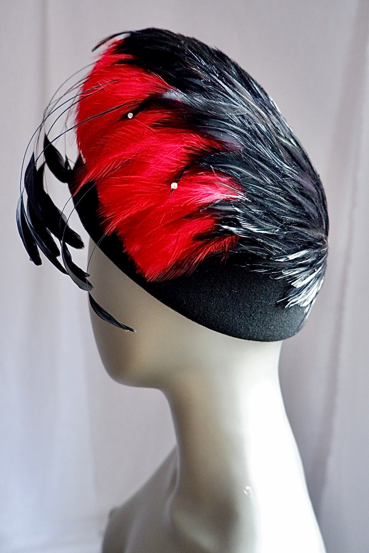 Vintage Jack McConnell Boutique Feather Hat – Red and Black with Rhinestone Accents