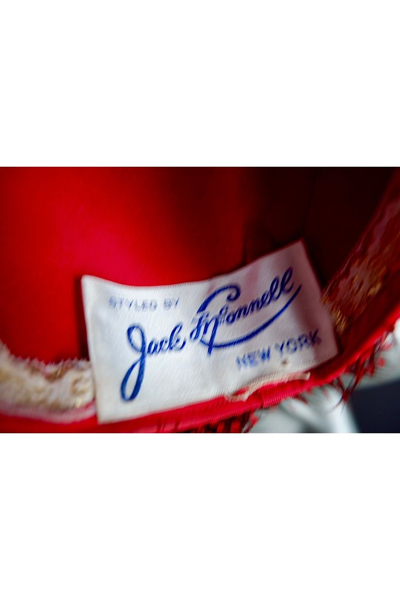 Vintage Jack McConnell Red Feather Hat – Sculptural Couture with Spotted Plumage and Rhinestone Trim