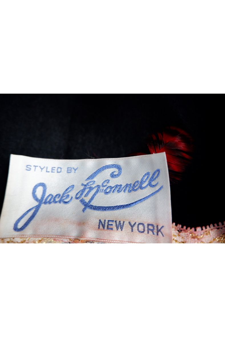 Vintage Jack McConnell Feathered Avant-Garde Hat – Garnet Coque & Goose Plumage with Signature Red Feather