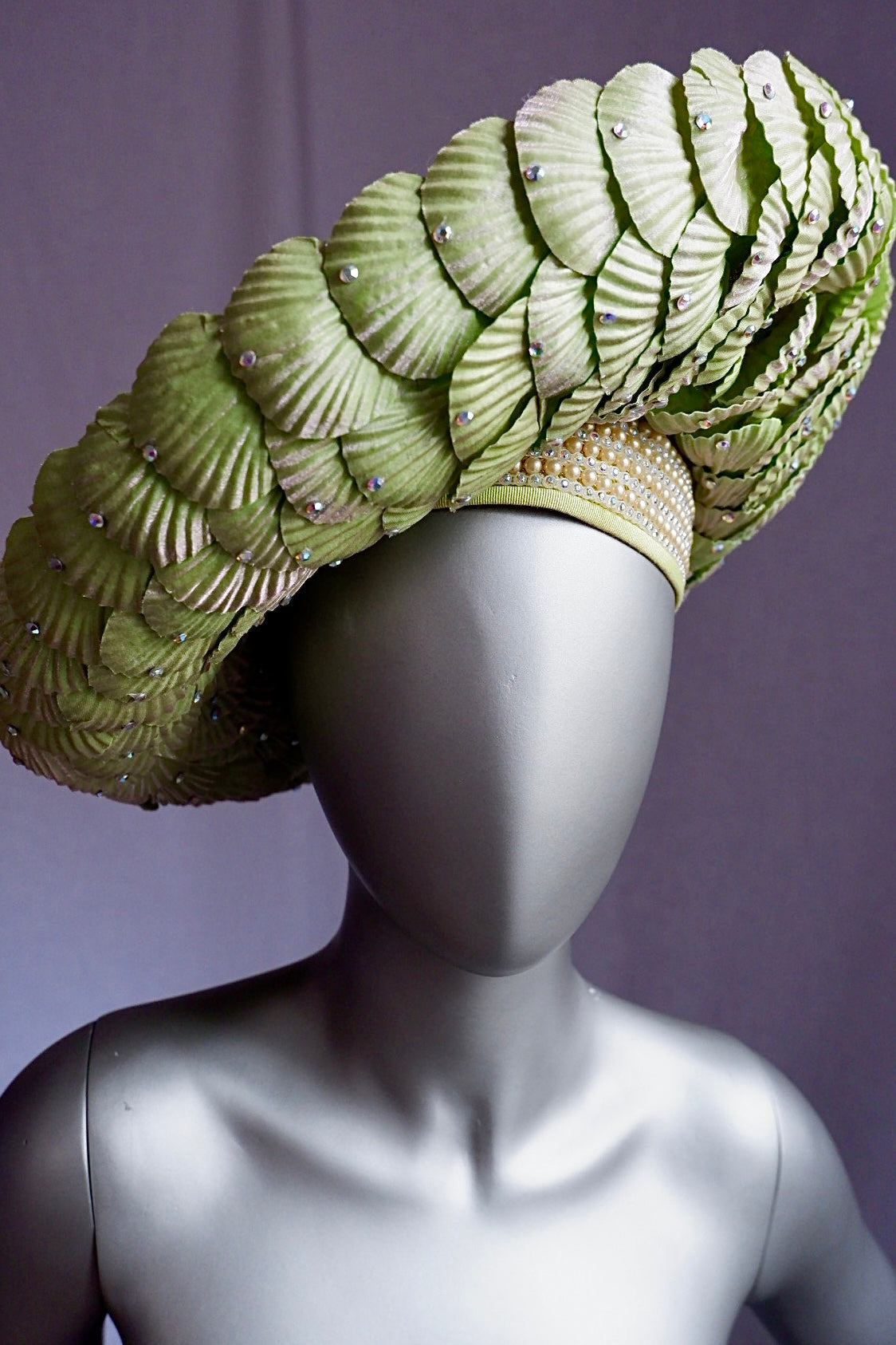 Vintage Jack McConnell Couture Hat – Sculpted Green Seashell Crown with Rhinestones & Pearl Band
