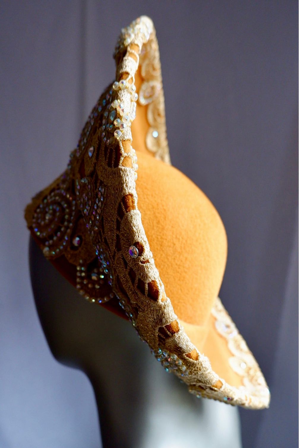 Vintage Jack McConnell Red Feather Hat – Gold Embroidered Couture Halo with Sequins & Beads