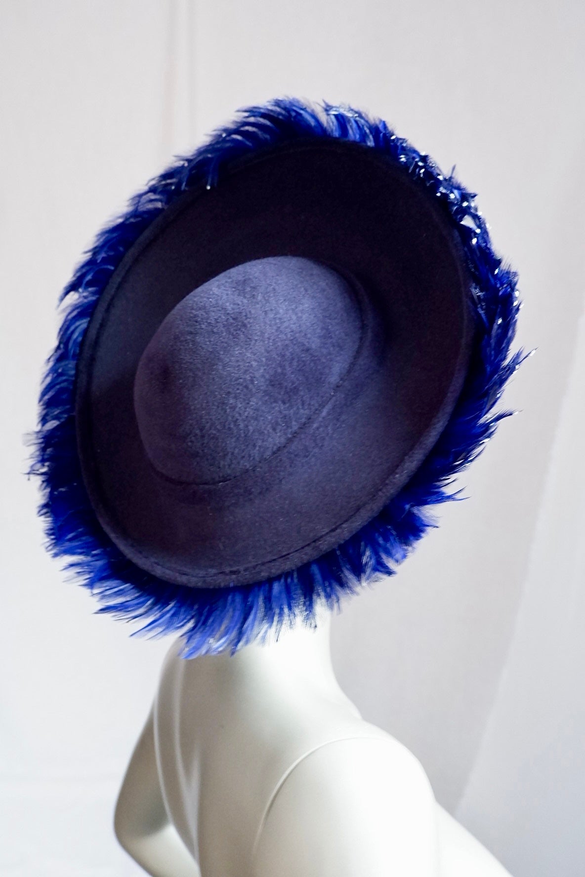 Cobalt Blue Jack McConnell Red Feather Hat with Faux Plume Trim and Velvet Base
