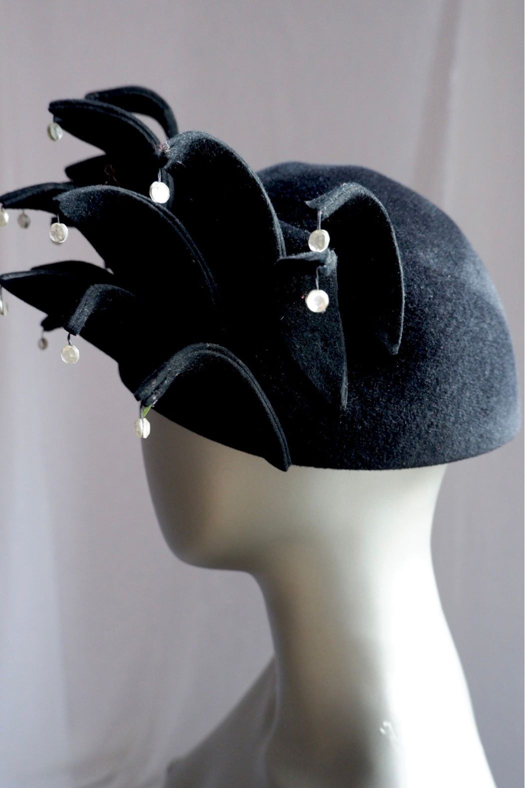Vintage Jack McConnell Red Feather Hat – Sculptural Jester Crown with Rhinestone Dangles