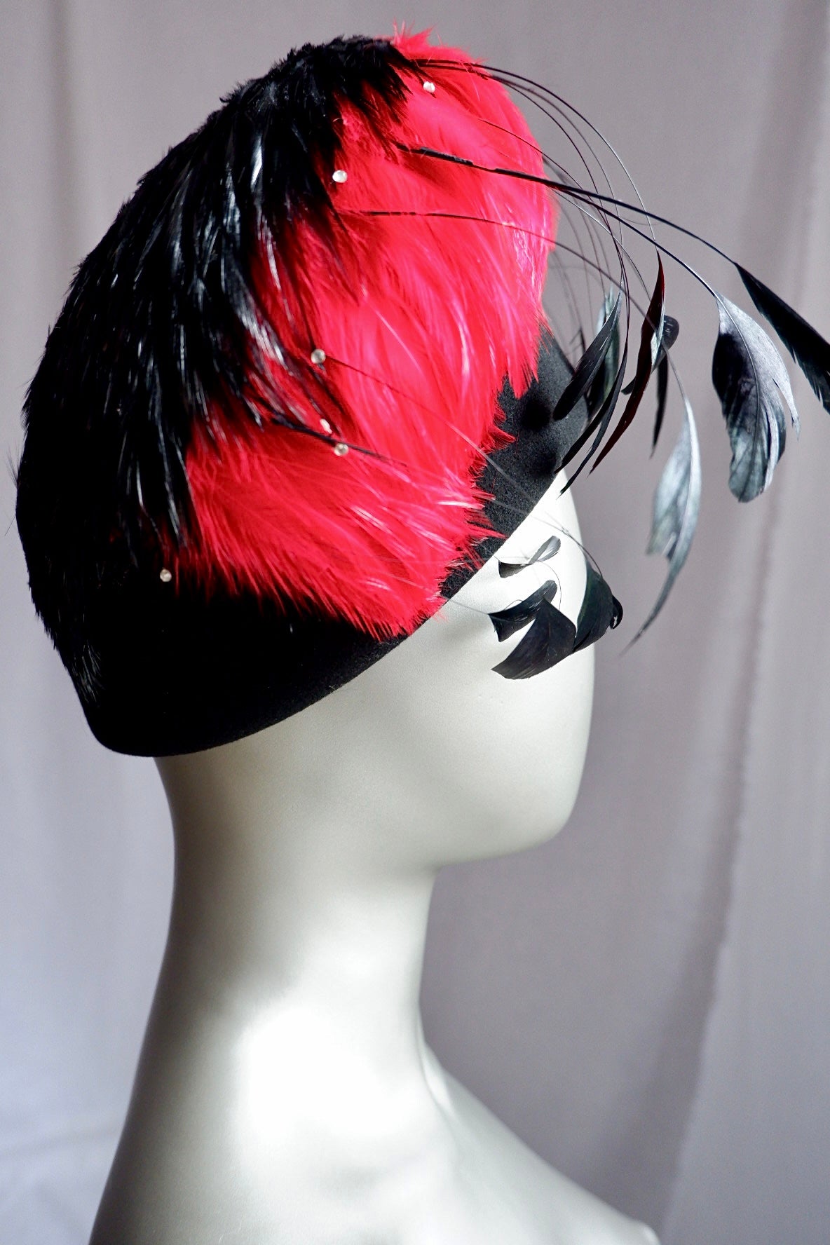 Vintage Jack McConnell Boutique Feather Hat – Red and Black with Rhinestone Accents