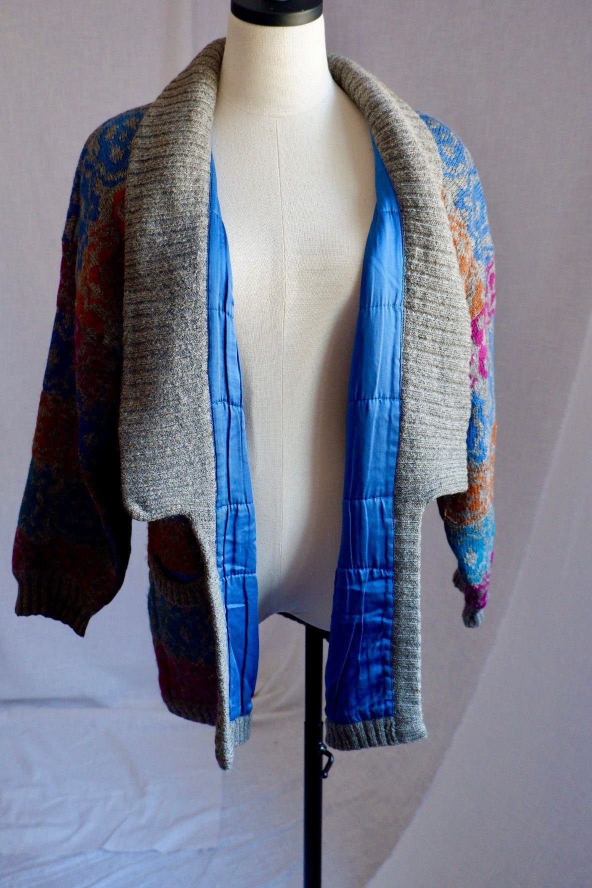 1980s Vintage Escada Bold Patterned Wool Cardigan by Margaretha Ley M/L