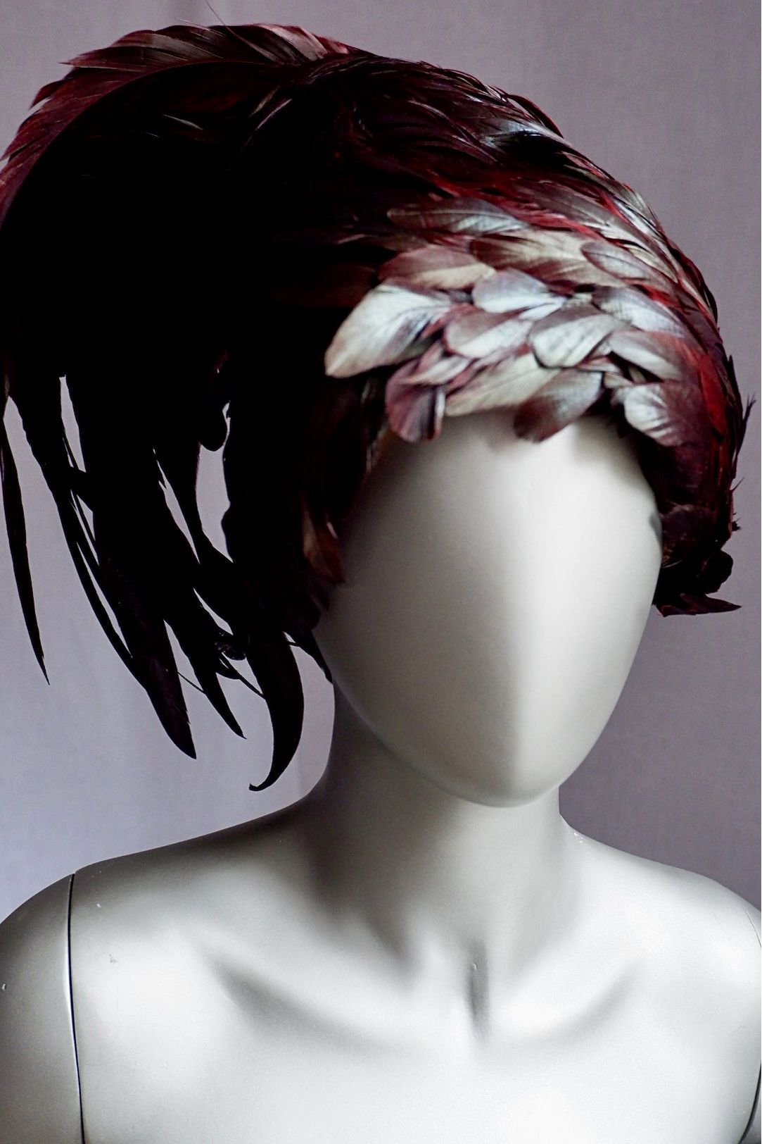 Vintage Jack McConnell Feathered Avant-Garde Hat – Garnet Coque & Goose Plumage with Signature Red Feather