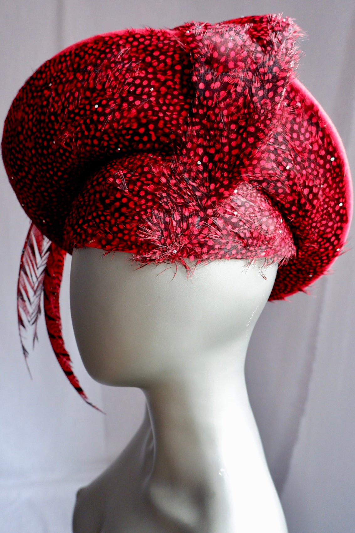 Vintage Jack McConnell Red Feather Hat – Sculptural Couture with Spotted Plumage and Rhinestone Trim