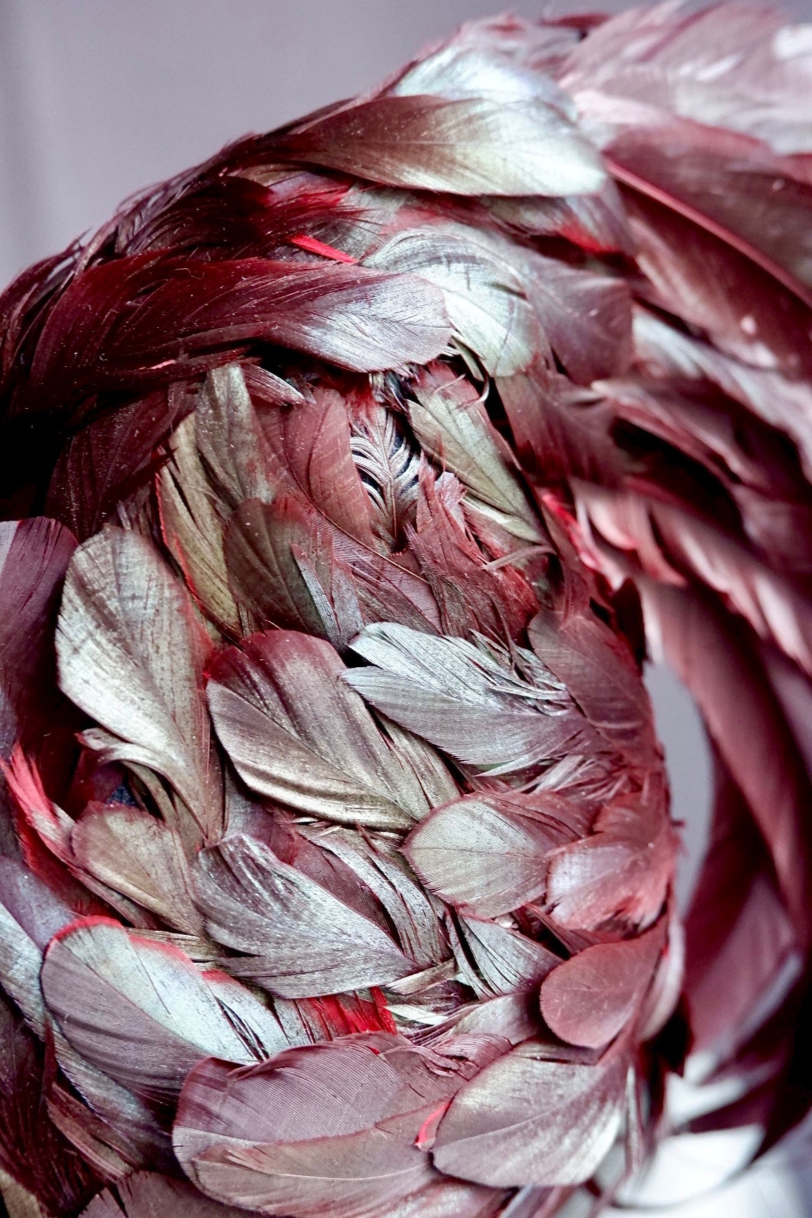 Vintage Jack McConnell Feathered Avant-Garde Hat – Garnet Coque & Goose Plumage with Signature Red Feather