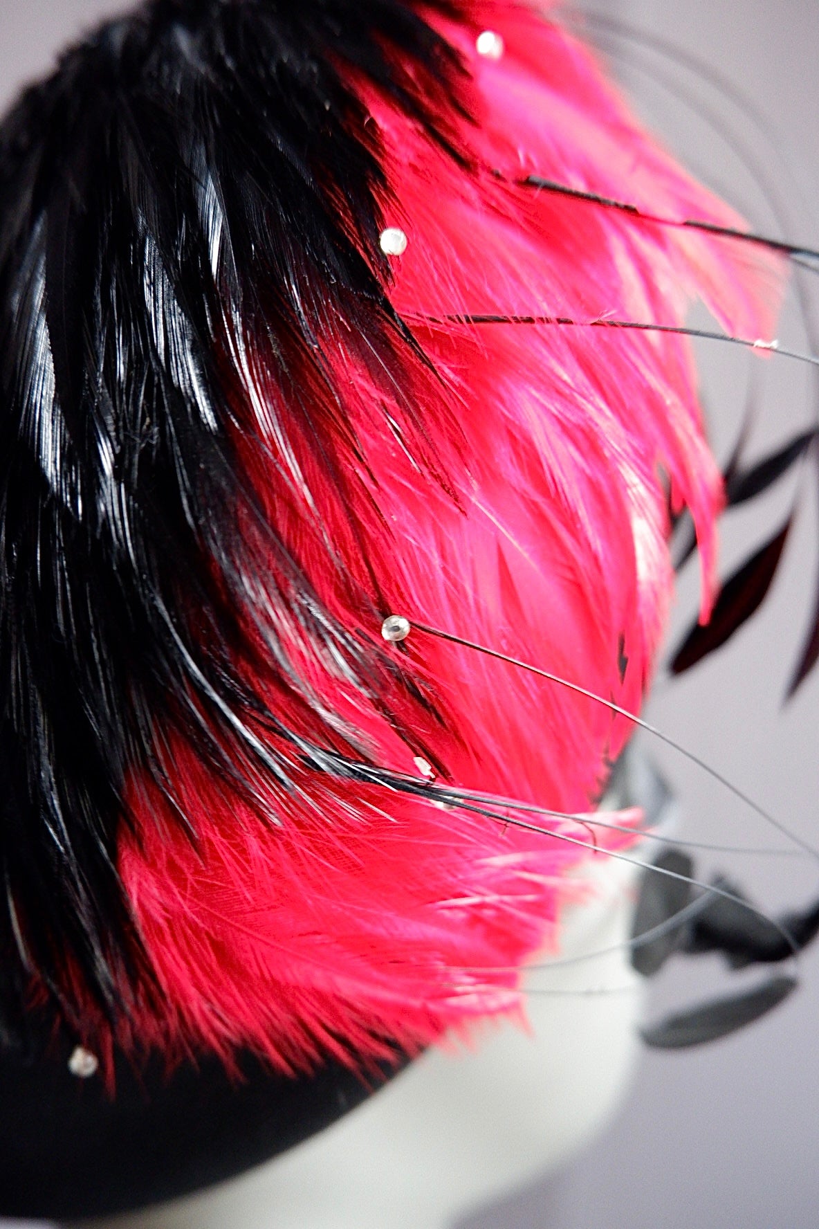 Vintage Jack McConnell Boutique Feather Hat – Red and Black with Rhinestone Accents