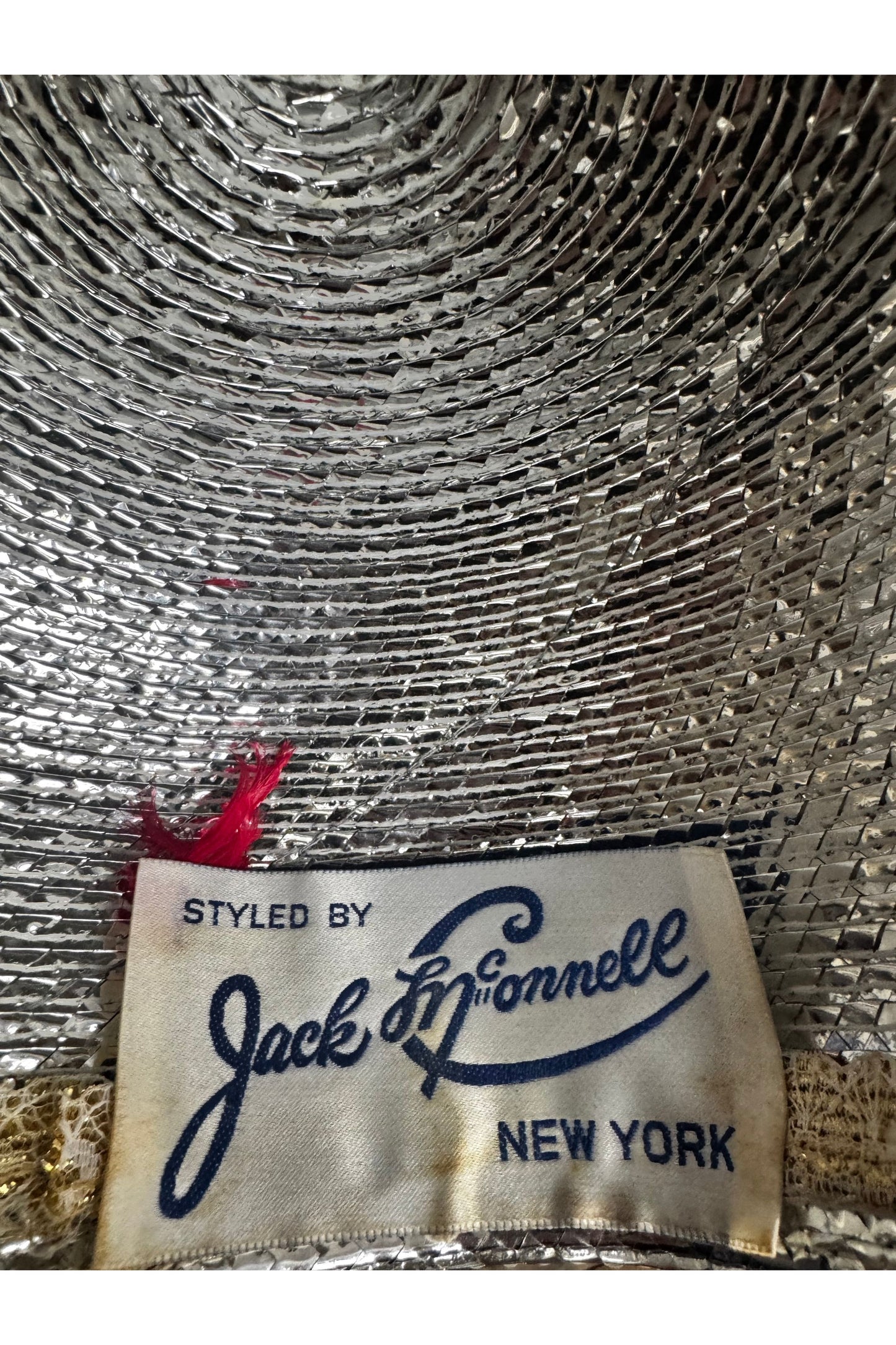 Vintage Jack McConnell Couture Red Feather Hat – Layered Metallic Straw with Rhinestone Detail