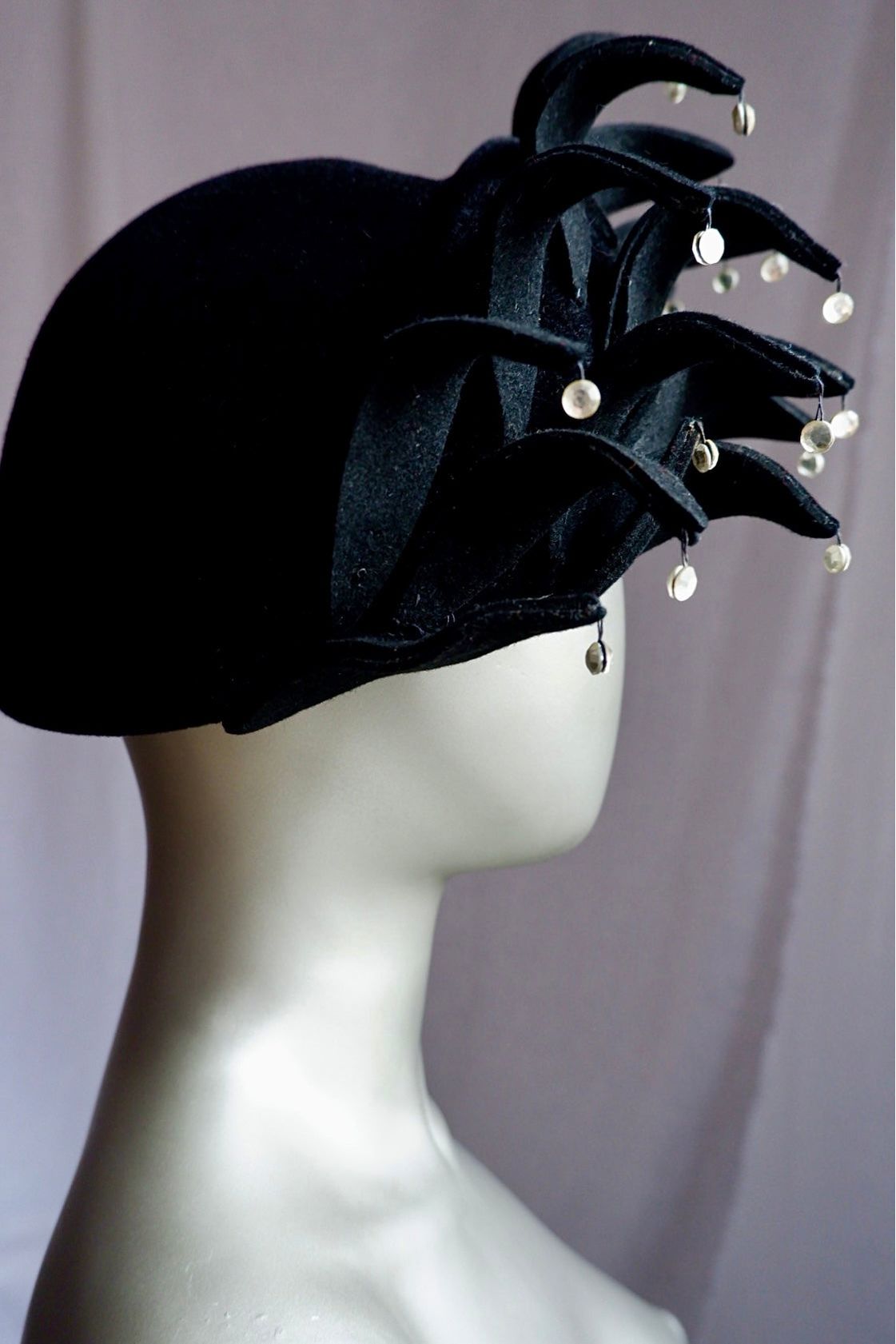 Vintage Jack McConnell Red Feather Hat – Sculptural Jester Crown with Rhinestone Dangles