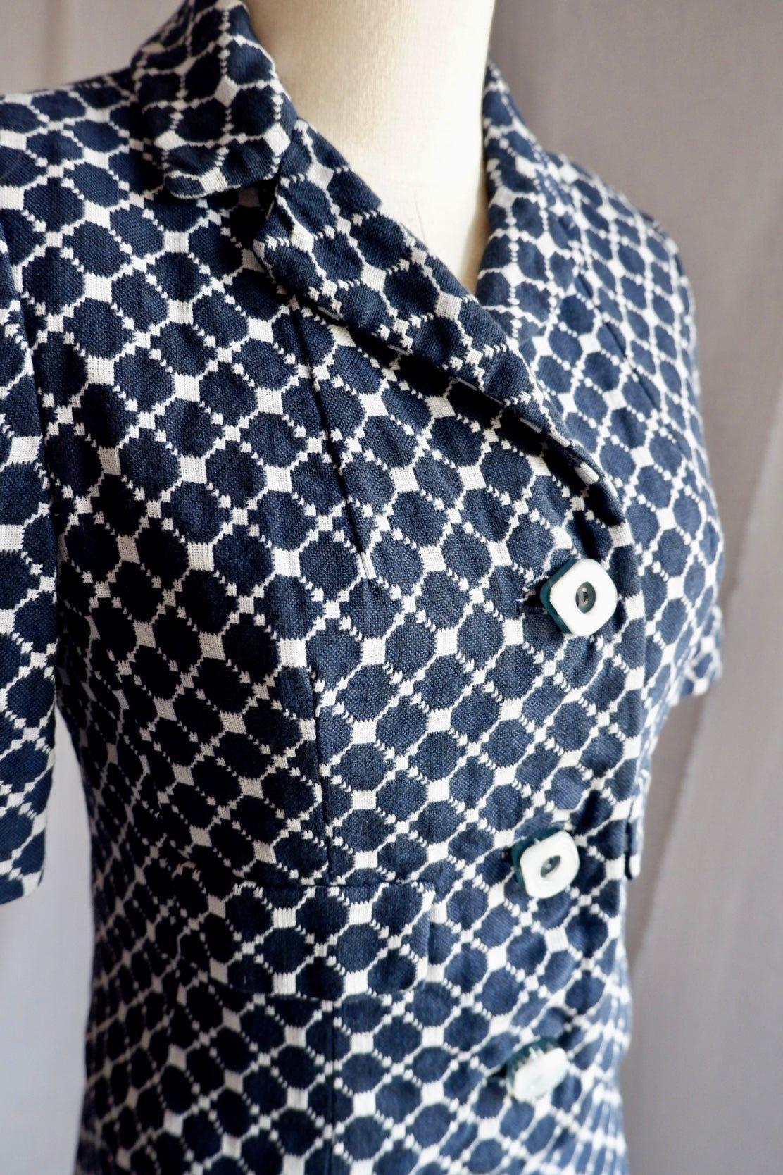 1960s Saks Fifth Avenue Navy & White Geometric Skirt Set Small