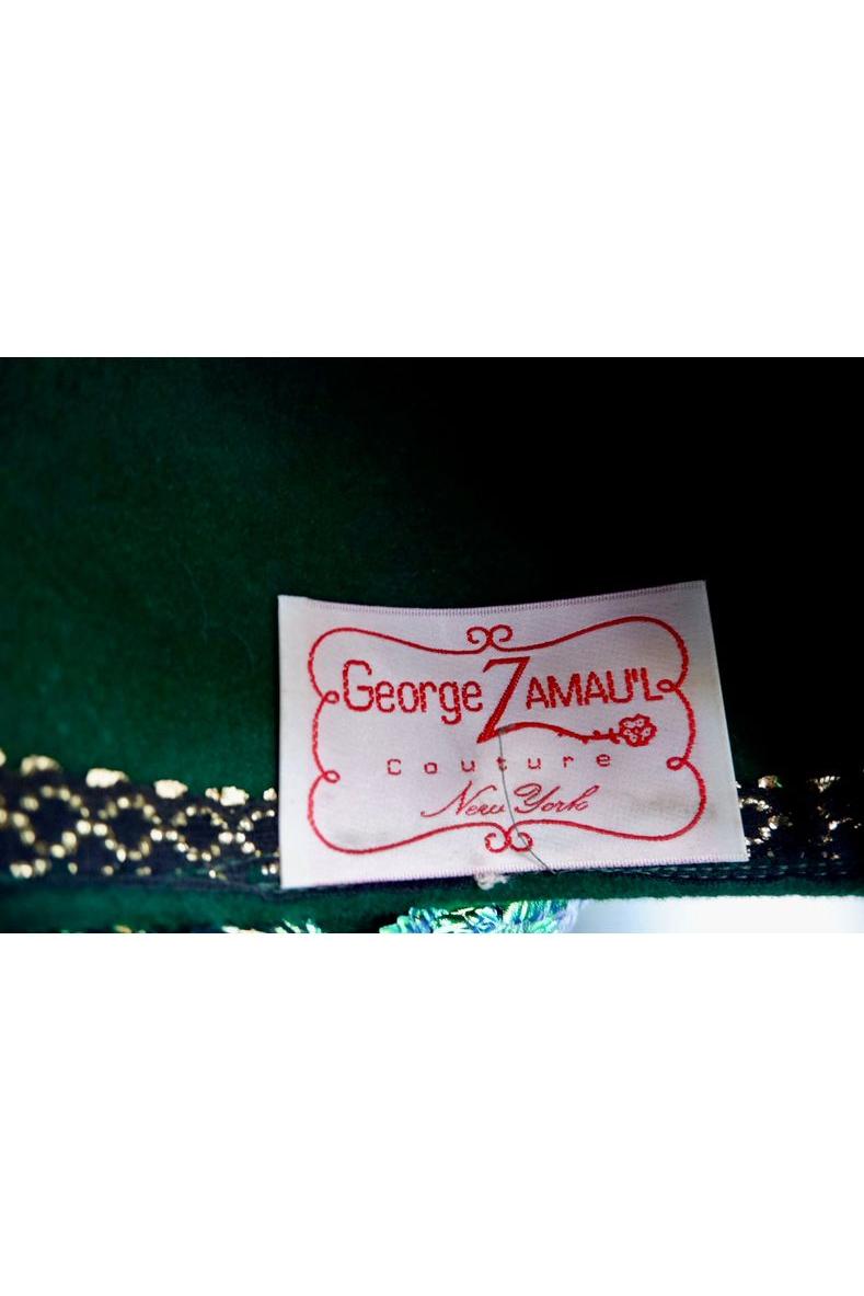 Vintage George Zamau’l Beaded Hat – Iridescent Green Feathers & Rhinestone Trim