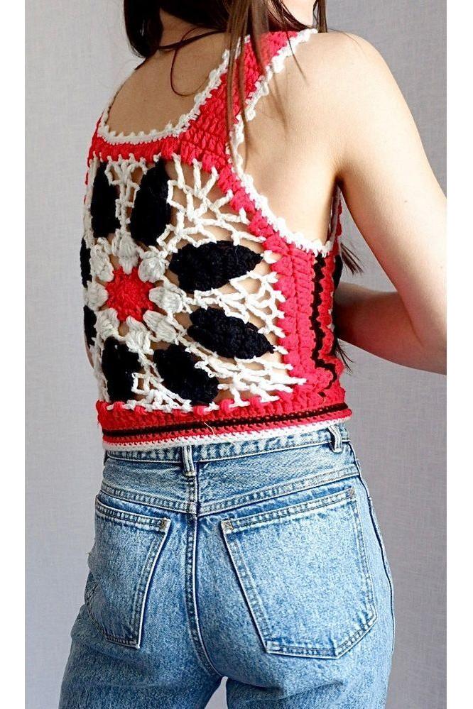 1970s Vintage Jondale Crocheted Granny Square Vest – Bold Red, Black & Cream, Boho Style Small