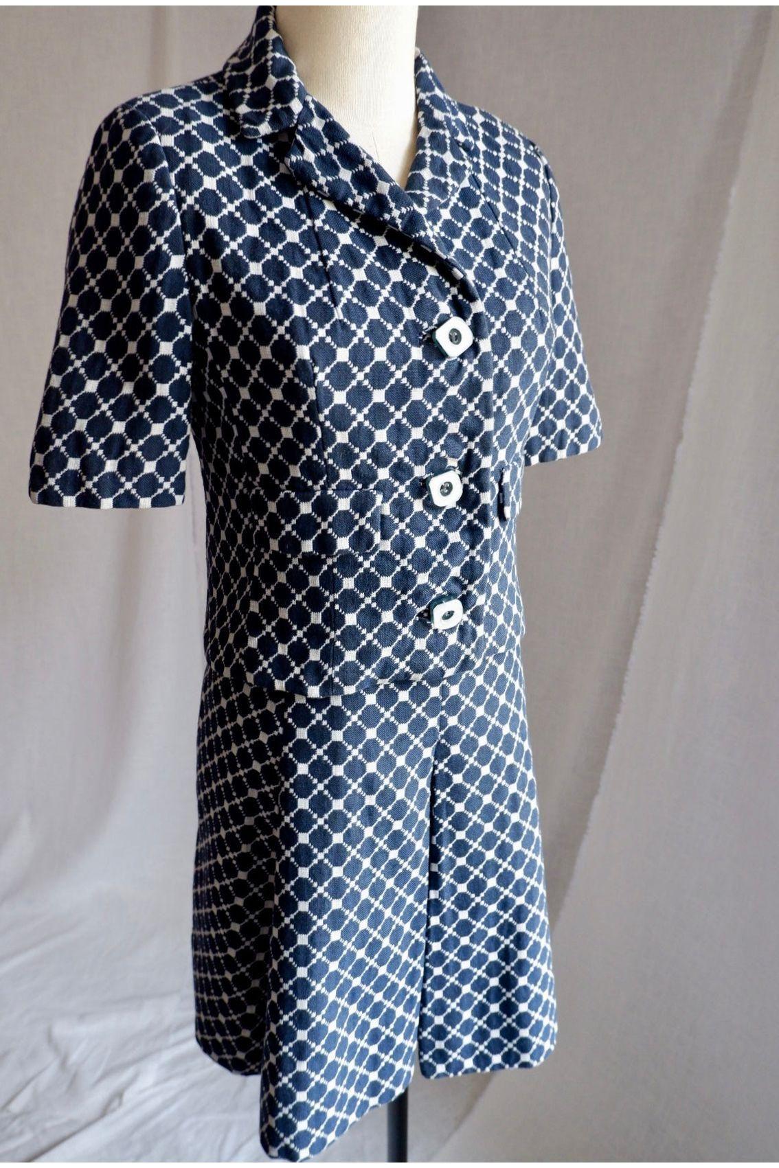 1960s Saks Fifth Avenue Navy & White Geometric Skirt Set Small