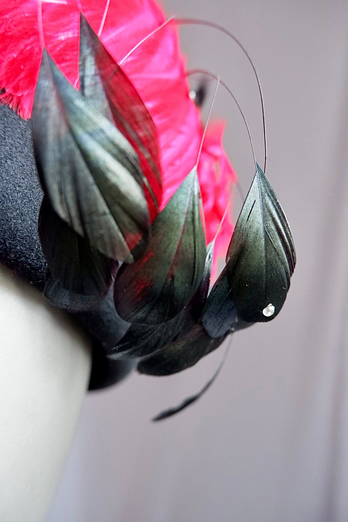 Vintage Jack McConnell Boutique Feather Hat – Red and Black with Rhinestone Accents