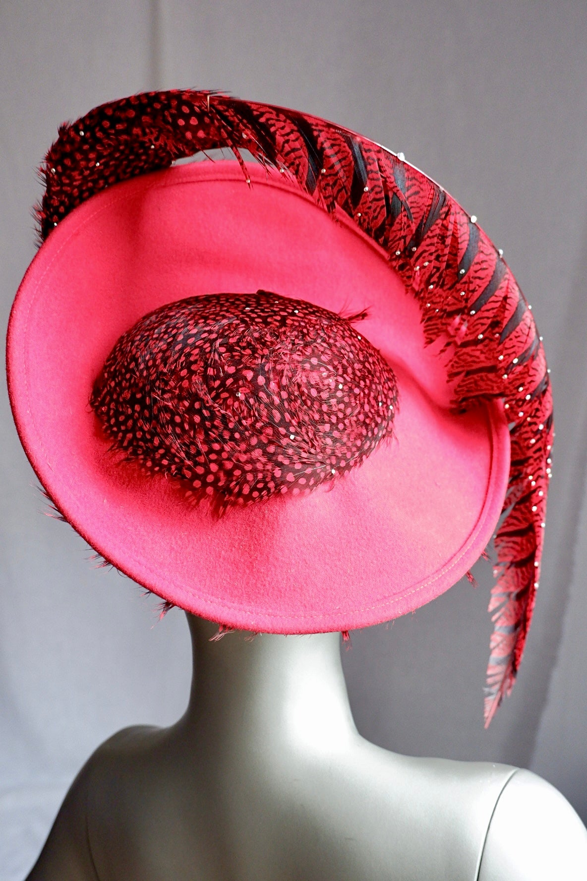 Vintage Jack McConnell Red Feather Hat – Sculptural Couture with Spotted Plumage and Rhinestone Trim