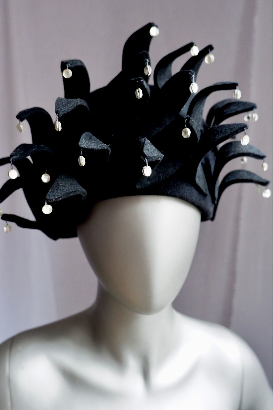 Vintage Jack McConnell Red Feather Hat – Sculptural Jester Crown with Rhinestone Dangles