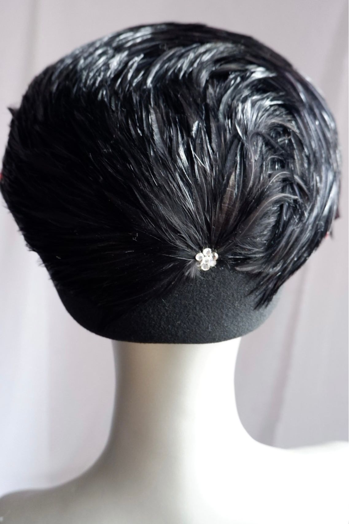 Vintage Jack McConnell Boutique Feather Hat – Red and Black with Rhinestone Accents