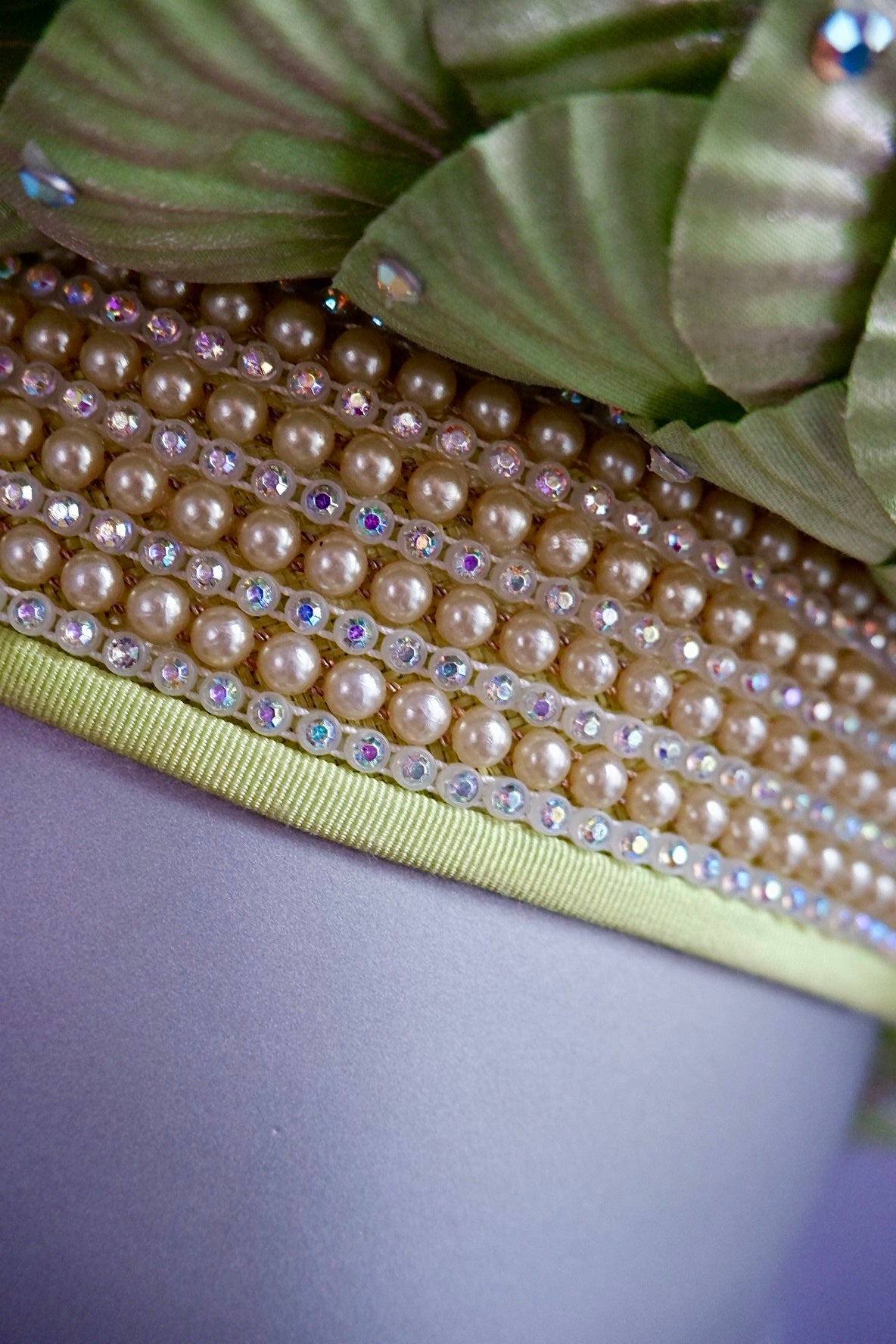 Vintage Jack McConnell Couture Hat – Sculpted Green Seashell Crown with Rhinestones & Pearl Band