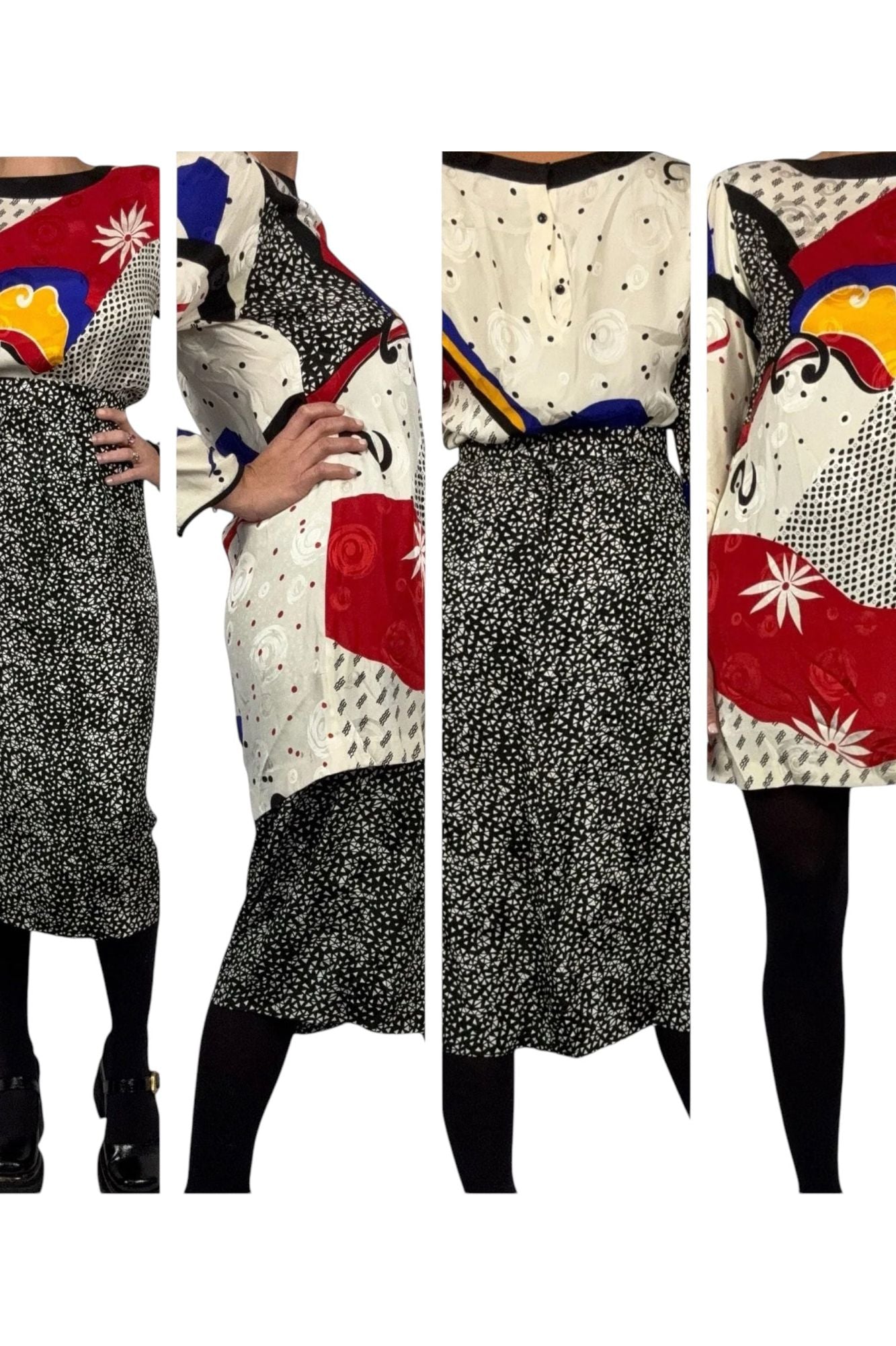 1980s Vintage John Yang 100% Silk Two-Piece Set With a Bold Abstract Print M/L