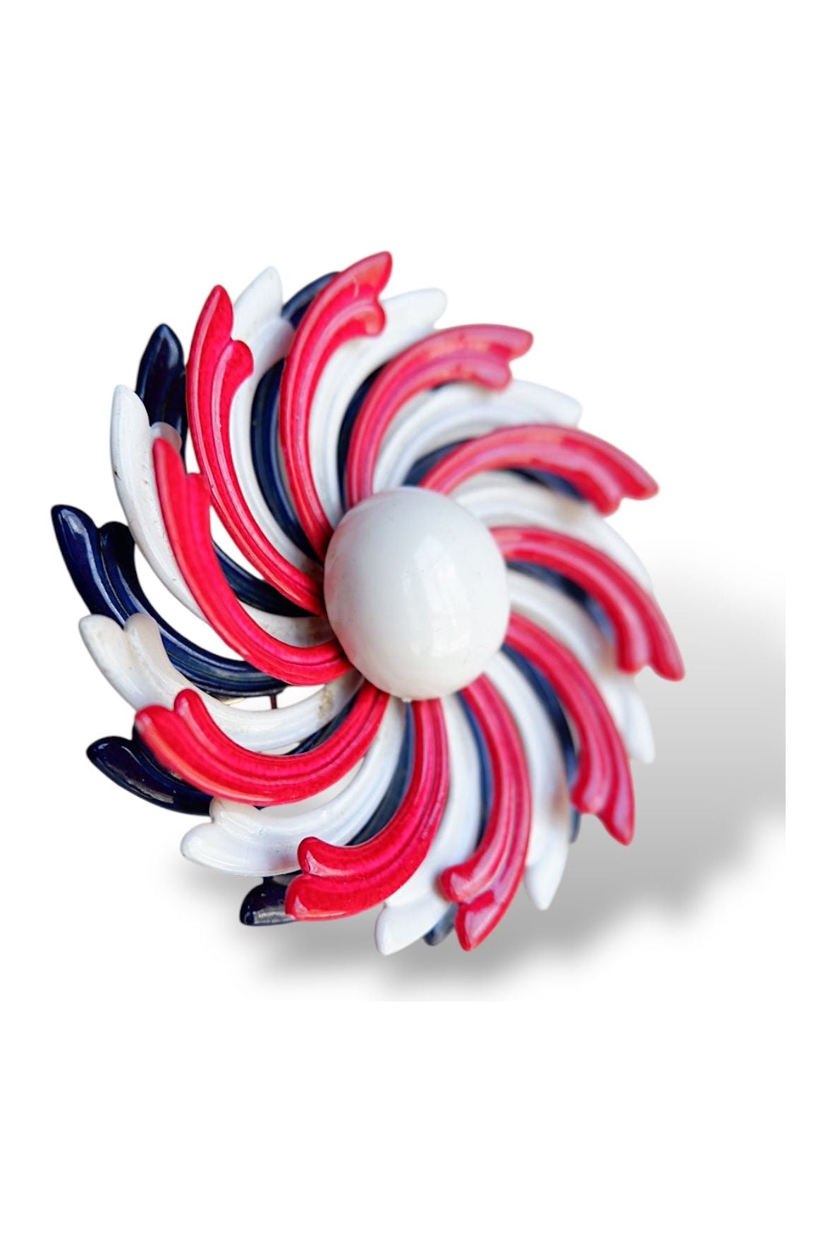 Vintage 1960s Red White & Blue Enamel Swirl Brooch – Atomic Pinwheel Mod Style