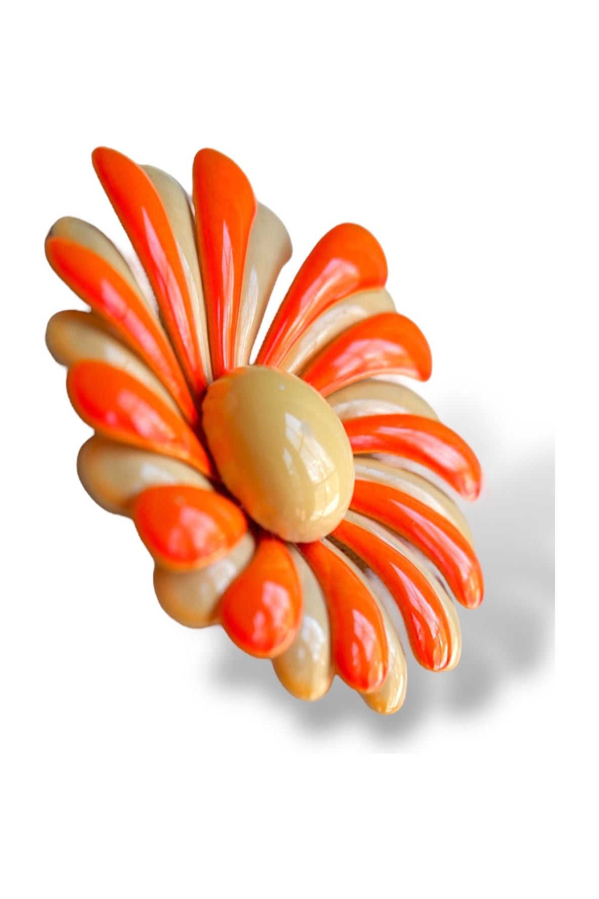 Vintage 1960s Orange & Cream Enamel Flower Brooch – Bold Mod Pin