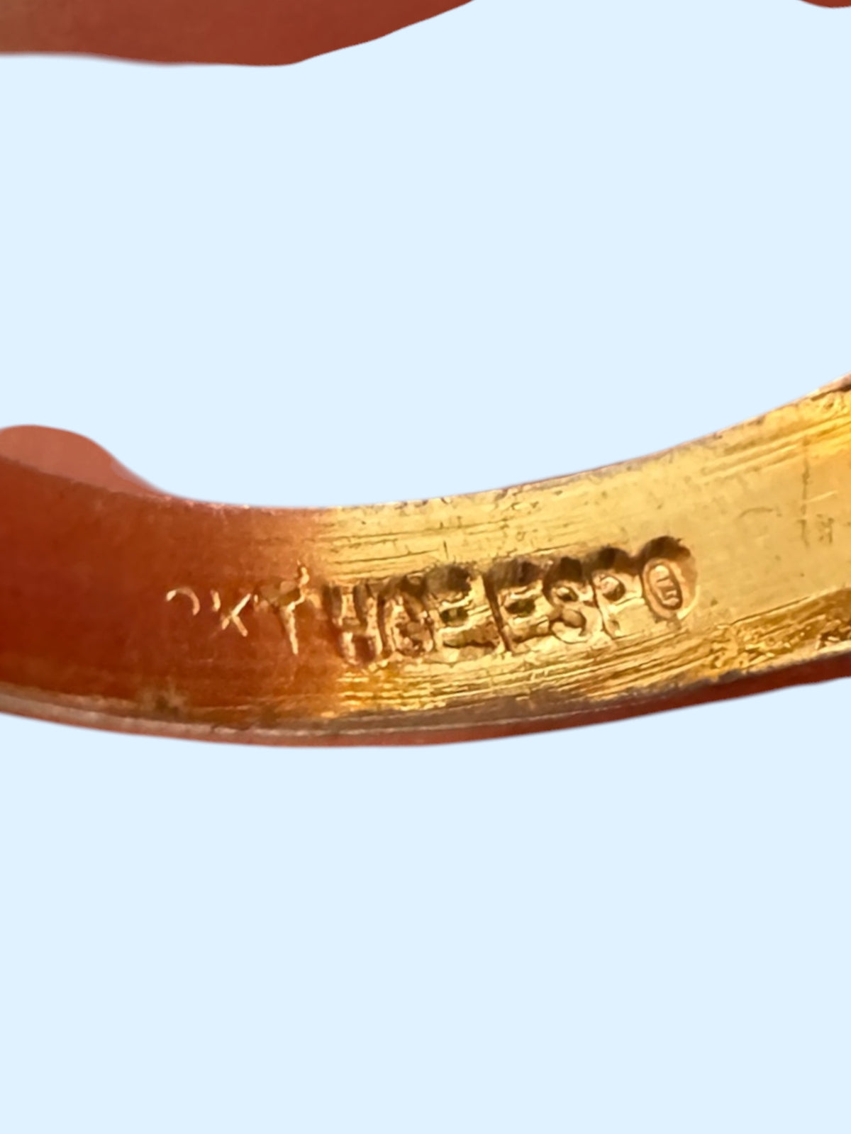 Inside band of vintage ring stamped 18KT HGE ESPO, Joseph Esposito maker's mark