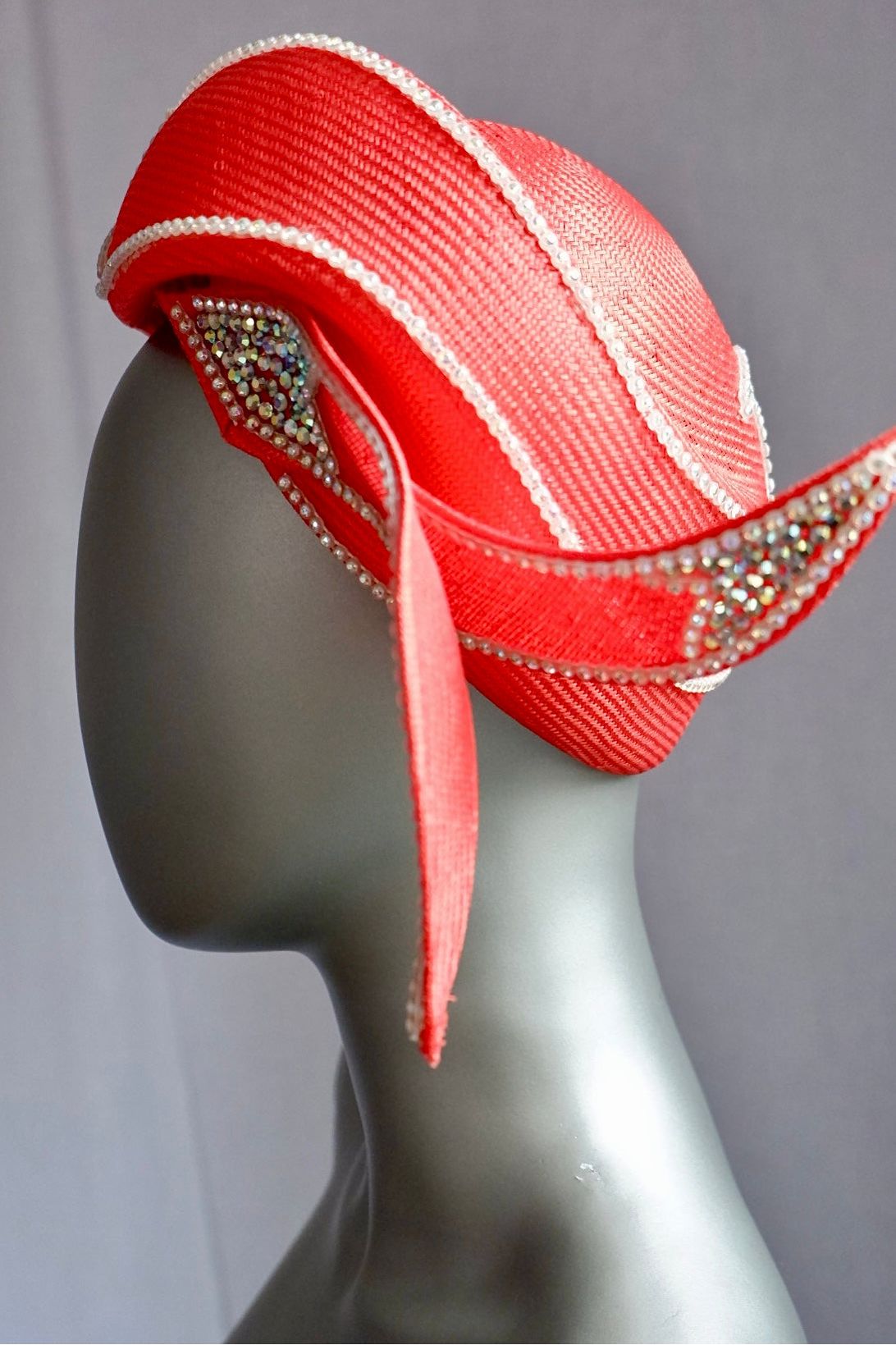 Deadstock Vintage Jack McConnell Couture Hat – Sculptural Red with Rhinestone Flame Trim

