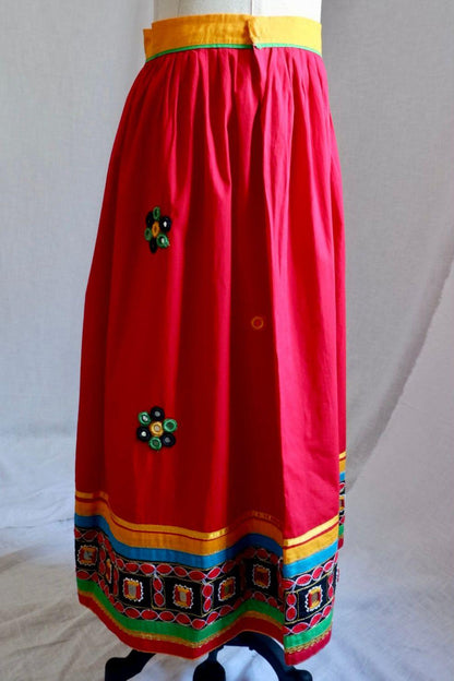 1970s Vintage Handmade Red Skirt with Mirror Accents – Banjara-Inspired Embroidery S
