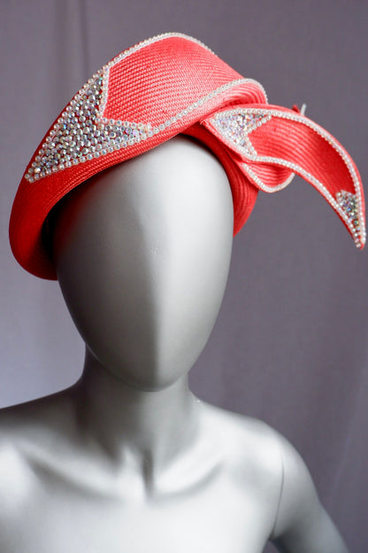 Deadstock Vintage Jack McConnell Couture Hat – Sculptural Red with Rhinestone Flame Trim

