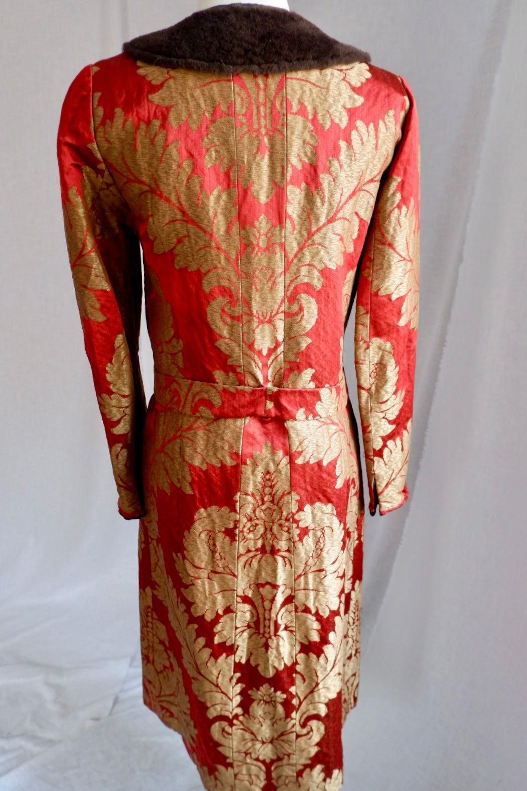 Early 2000s Red and Gold Brocade Jacket with Shearling Collar S/M