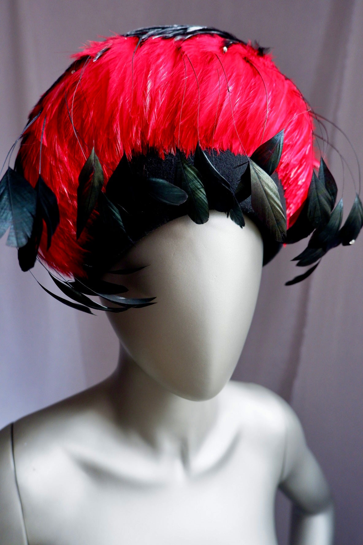 Vintage Jack McConnell Boutique Feather Hat – Red and Black with Rhinestone Accents

