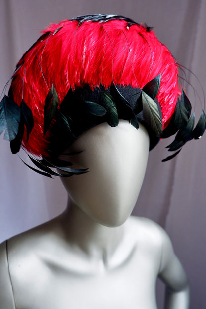 Vintage Jack McConnell Boutique Feather Hat – Red and Black with Rhinestone Accents

