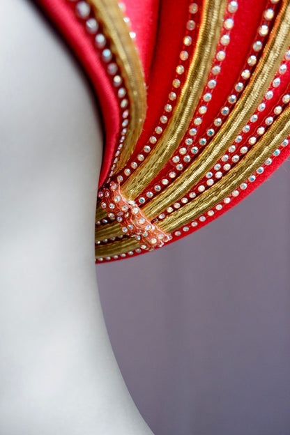 Exquisite Vintage Jack McConnell Red Sculptural Hat – Gold & Pearl Beaded Trim