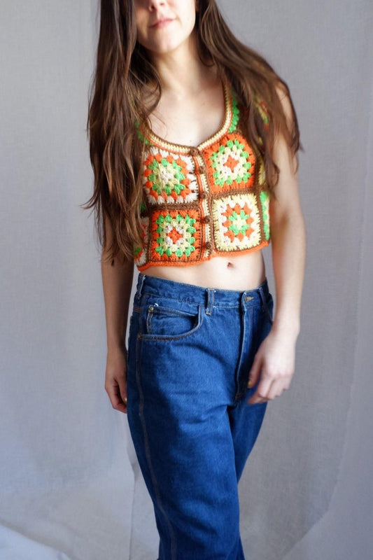 1970s Vintage Handmade Crochet Granny Square Vest – Bold Colors, Boho Style, Small