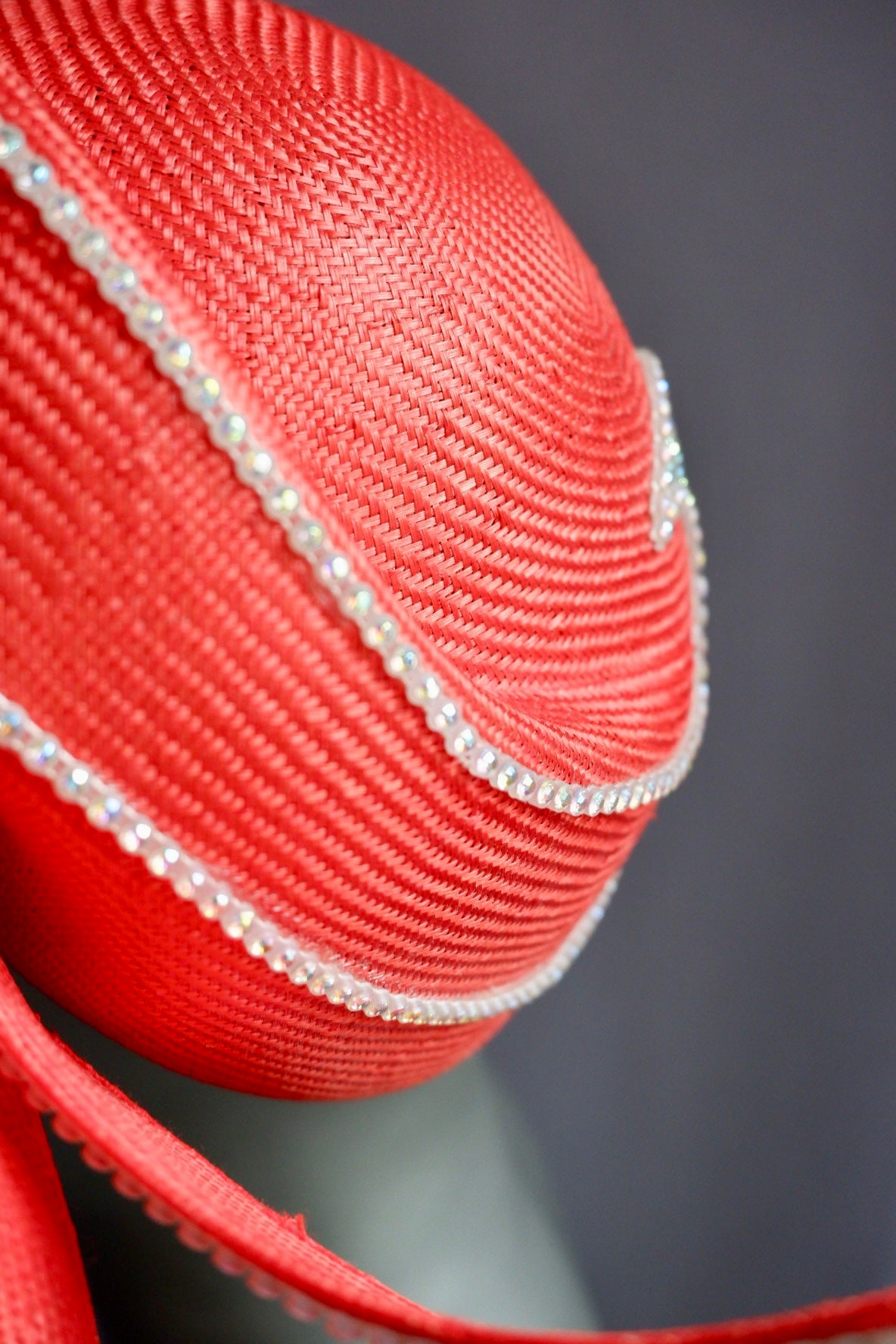 Deadstock Vintage Jack McConnell Couture Hat – Sculptural Red with Rhinestone Flame Trim

