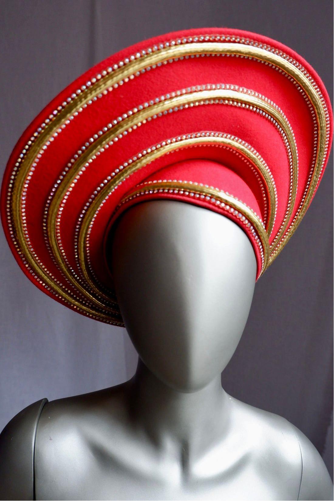 Exquisite Vintage Jack McConnell Red Sculptural Hat – Gold & Pearl Beaded Trim