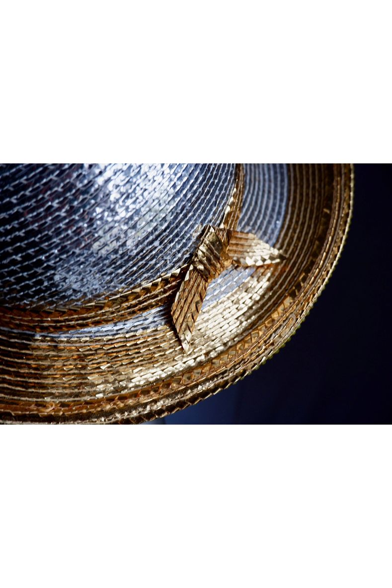 Vintage Jack McConnell Couture Red Feather Hat – Layered Metallic Straw with Rhinestone Detail

