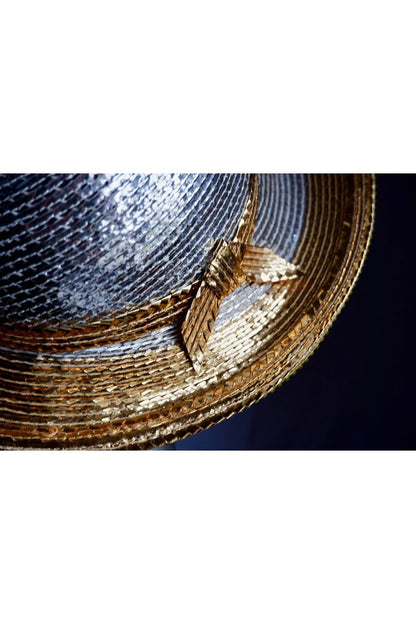 Vintage Jack McConnell Couture Red Feather Hat – Layered Metallic Straw with Rhinestone Detail

