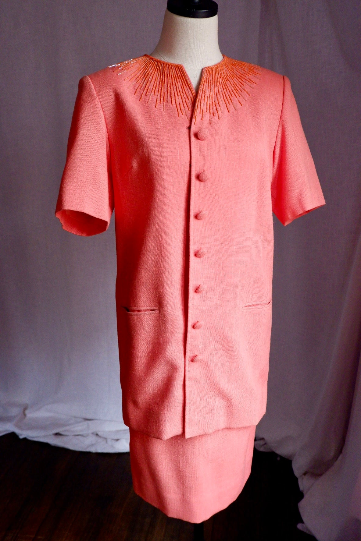1960s Coral Beaded Custom Two-Piece Skirt Suit