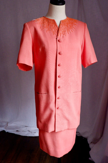 1960s Coral Beaded Custom Two-Piece Skirt Suit
