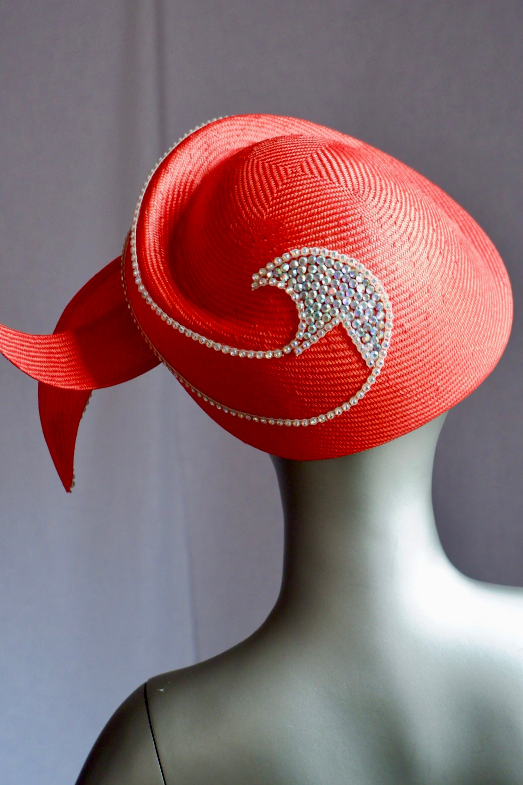 Deadstock Vintage Jack McConnell Couture Hat – Sculptural Red with Rhinestone Flame Trim
