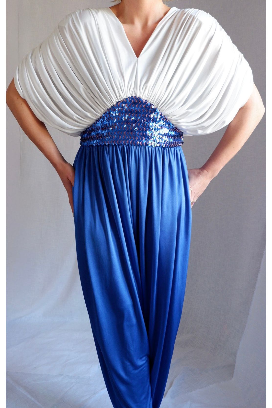 1970s/80s Draped Sequin Jumpsuit – Studio 54 Meets Goddess Glam L-XXL