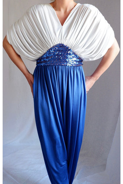 1970s/80s Draped Sequin Jumpsuit – Studio 54 Meets Goddess Glam L-XXL